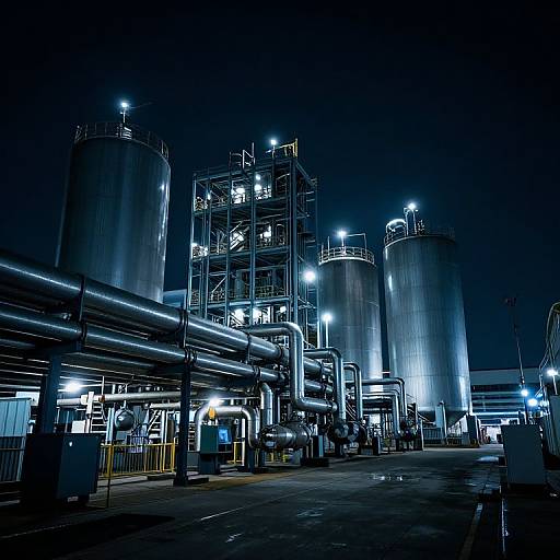 Nighttime photograph of an industrial factory with three tall, illuminated steel silos, complex metal scaffolding, and numerous bright white lights.