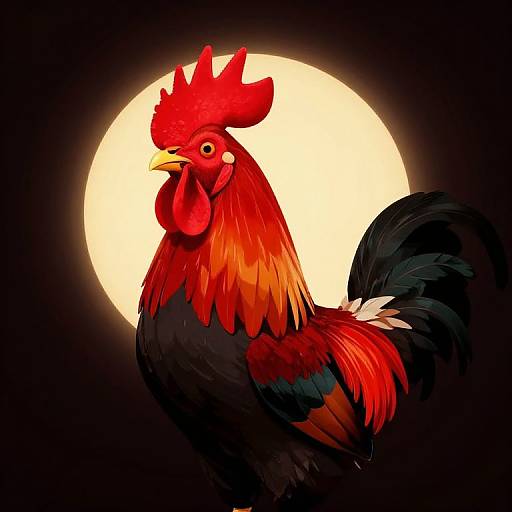 Digital illustration of a vibrant red and black rooster with a detailed crest, set against a bright, glowing full moon.
