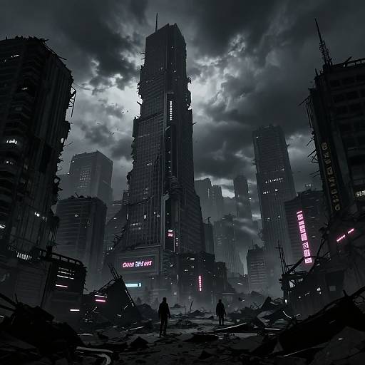 Cyberpunk cityscape under dark, stormy sky; towering, damaged skyscrapers with neon lights; silhouetted figures amidst rubble;
