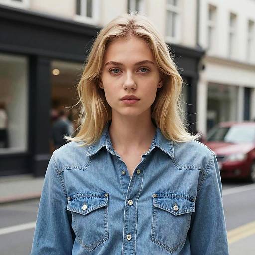 Photograph of a blonde woman with fair skin, wearing a blue denim shirt, standing on a city street with blurred buildings and a red car in the