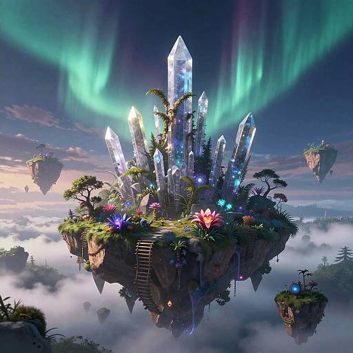 Mythical Floating Island with Crystal Spires and Auroras