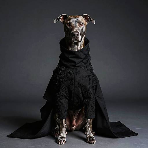Photograph of a sleek, black-and-tan dog wearing a black, lacy, Victorian-style coat against a dark, gradient background.