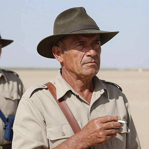 Middle-aged Man in Beige Uniform Smoking Cigarette