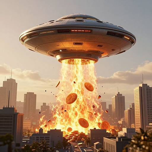 Photorealistic CGI: Alien saucer hovering above cityscape, erupting in fiery explosion, with glowing orange orbs flying upwards amidst tall skyscrapers