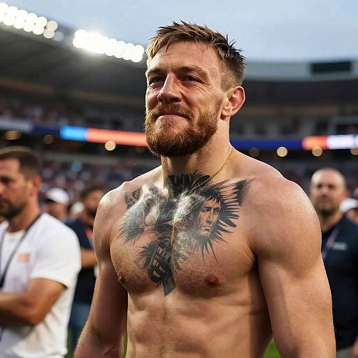 Photograph of a muscular, bearded male fighter with a large black tattoo of a wolf on his chest, smiling confidently, shirtless, in a