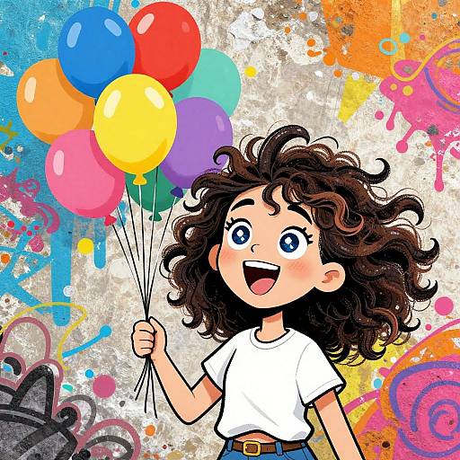 Colorful digital illustration of a curly-haired girl with blue eyes, smiling, holding red, blue, yellow, and purple balloons against a splattered,
