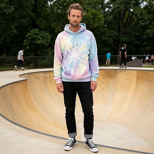Photograph of a bearded man in a pastel tie-dye hoodie, black pants, and black-and-white sneakers, standing in a sunlit