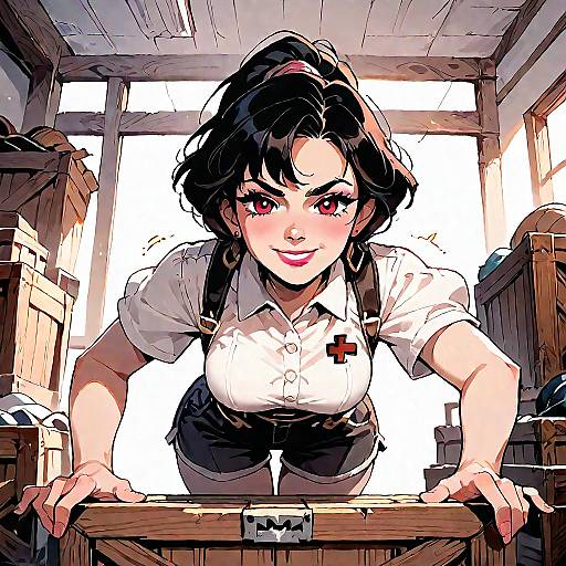 Smug Girl Leaning on Crate in Warehouse