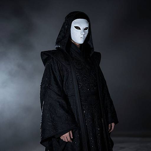 Photograph of a mysterious figure in a black, textured cloak, wearing a white, featureless mask with dark eye holes, standing against a smoky