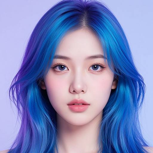 Digital portrait of an Asian woman with vibrant blue hair, pale skin, and blue eyes, set against a soft blue background.