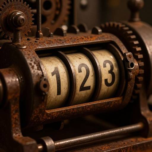 Close-up photograph of a rusted, vintage mechanical device displaying the numbers 