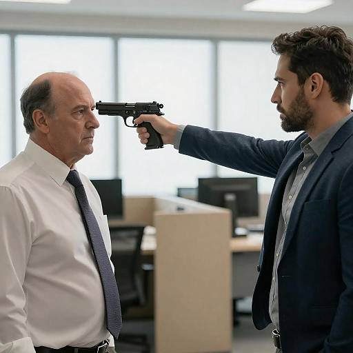 Man Pointing Gun at Colleague in Office