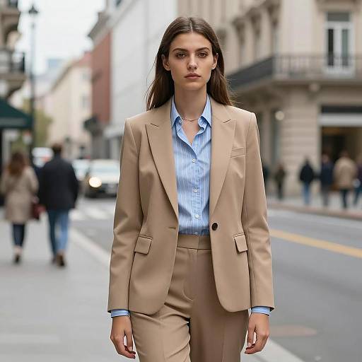 Young Woman in Tan Suit on City Street