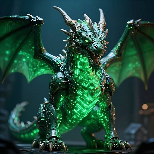 CGI digital art of a glowing green, metallic dragon with sharp horns, spiked back, and large wings, standing menacingly in a dark, futuristic