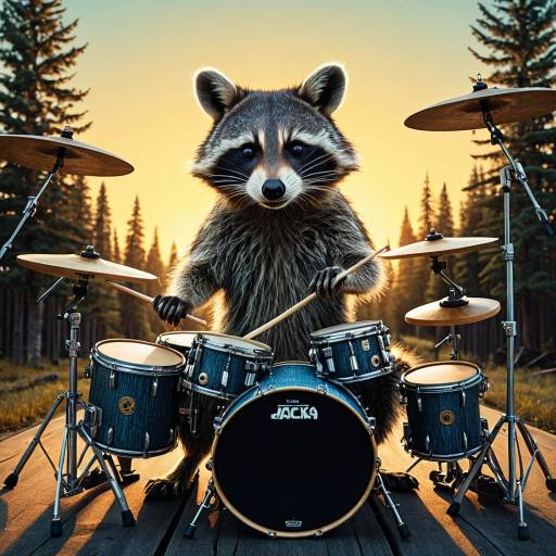 Surreal Golden Hour Raccoon Drummer