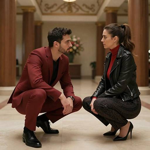 Man and Woman Squatting Indoors Facing Each Other