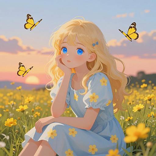 Whimsical Girl in a Flower Field