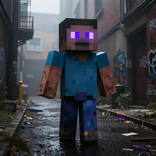 Photorealistic CGI of Minecraft-style character with glowing purple eyes, blue shirt, and brown arms, standing in a rainy, graffiti-covered urban alley.