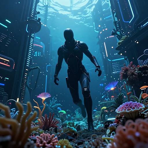 CGI sci-fi image: Silhouetted muscular humanoid with futuristic armor runs through a glowing blue underwater city filled with colorful, bioluminescent