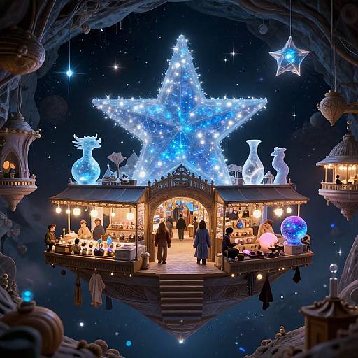 Photograph of a glowing, fairy-tale Christmas market in a cave-like setting, featuring a radiant blue star centerpiece, illuminated animal silhouettes,
