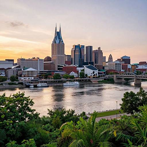 Photograph of a city skyline at sunset, featuring a tall, pointed building in the center, with a river in the foreground and lush greenery in