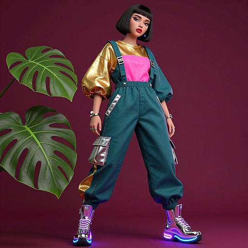 Digital illustration of a stylish Asian woman with short black hair, wearing gold puffed sleeves, pink top, teal overalls, purple sneakers, and holding