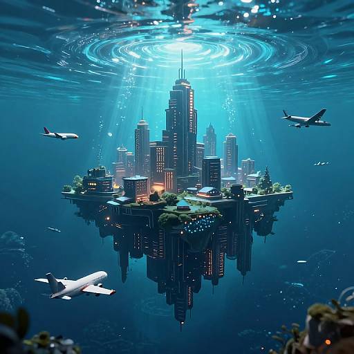 Digital artwork of a futuristic cityscape floating underwater, illuminated by sunlight from above, with airplanes and a whale surrounding it.