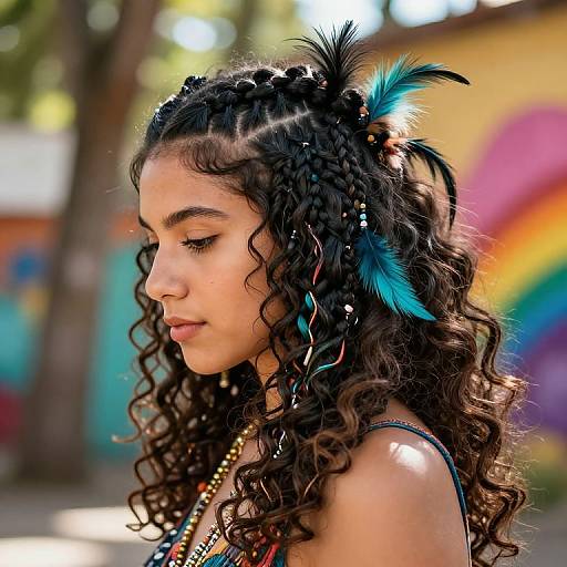 Photograph of a young woman with dark curly hair, braided and adorned with blue and black feathers, wearing colorful beads, against a blurred, rainbow