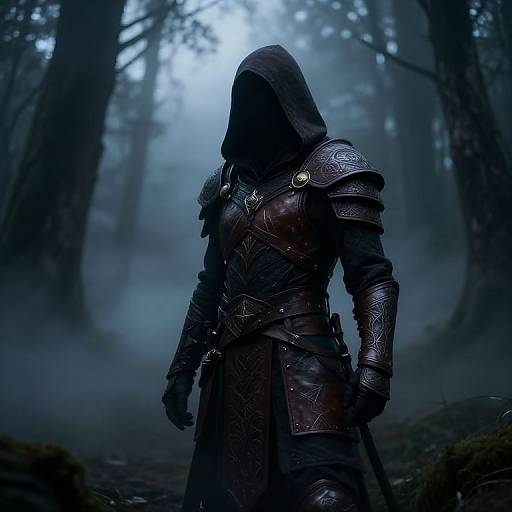 Mysterious armored figure with hooded face stands in misty, dark forest; detailed leather armor with intricate patterns; blue-tinted, eerie atmosphere