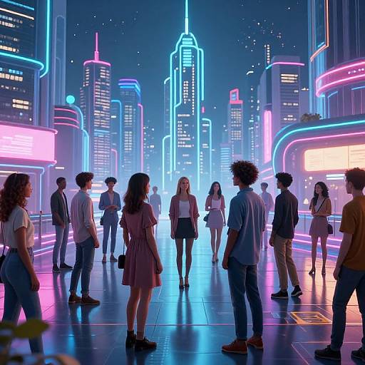 Neon-lit futuristic cityscape at night; diverse group of young adults walking, illuminated skyscrapers in background, vibrant pink, blue, and