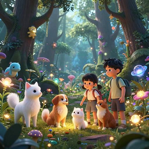 Digital art of two boys with backpacks standing in a magical forest, surrounded by glowing mushrooms and five fluffy dogs, with sunlight filtering through tall trees.