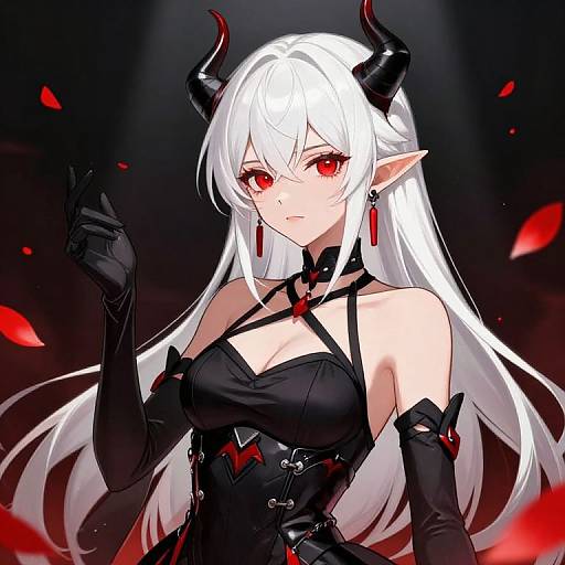 Digital anime-style drawing of a white-haired, red-eyed demon girl with black horns, black corset, and gloves, surrounded by red petals.