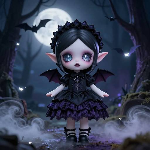 Digital artwork of a Gothic fairy with pale skin, large blue eyes, black lace dress, bat wings, and pointed ears in a dark, misty