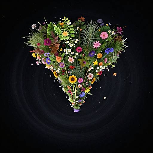 Vibrant heart-shaped bouquet of diverse flowers, including daisies, sunflowers, and wildflowers, against a dark, swirling black background.