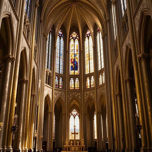 Photograph of a grand Gothic cathedral interior, featuring tall, arched windows with colorful stained glass, intricate stone columns, and warm sunlight illuminating the