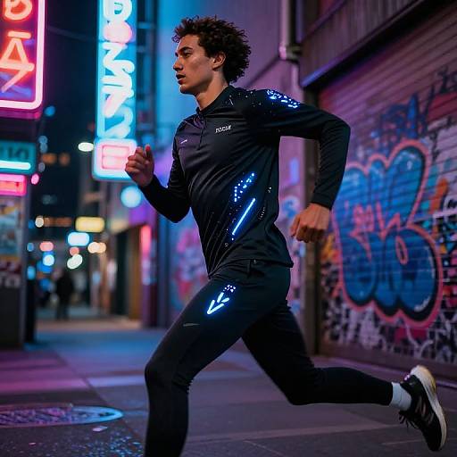 Photograph of a young man with curly dark hair, running in a neon-lit urban alley at night, wearing a black, shiny athletic jacket and