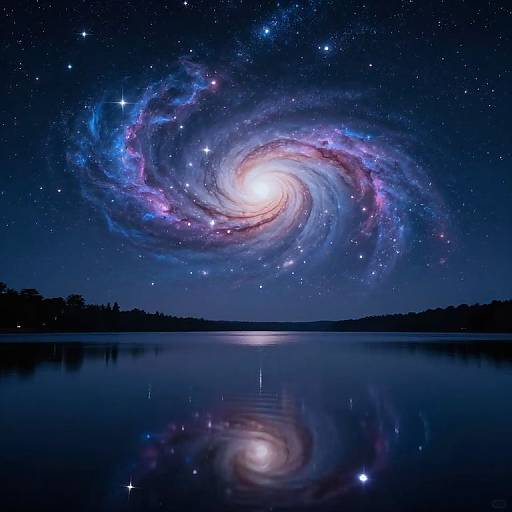 Photograph-style digital art of a glowing spiral galaxy above a calm, star-reflecting lake at night, with dark tree silhouettes on the