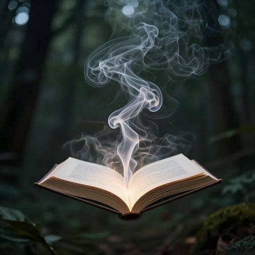 Photograph of an open book in a forest, with ethereal blue-white smoke rising from its pages, set against a dark, blurred background of trees