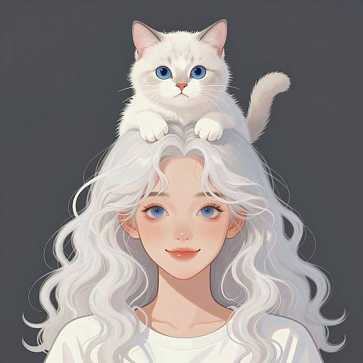 Digital Illustration of Woman with White Kitten on Head
