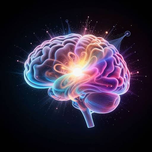 Digital CGI of a glowing, neon-colored brain against a black background, with vibrant blue, pink, and white light accents radiating from the center.