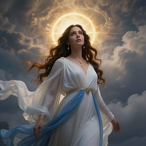 Photograph-like digital art of a divine woman with long brown hair, wearing a flowing white and blue dress, haloed by a radiant sun in a