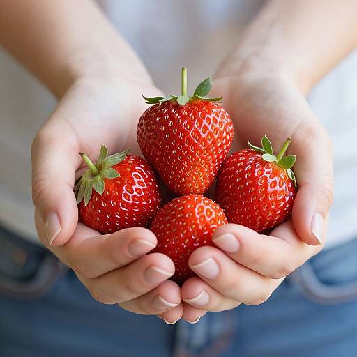 Photograph of a person's hands gently holding five bright red, ripe strawberries with green leafy tops, set against a soft-focus background.