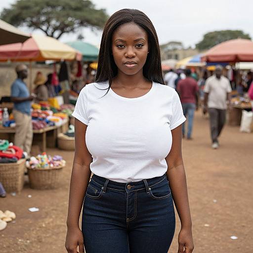 Photograph of a young Black woman with long straight hair, wearing a white t-shirt and dark blue jeans, standing in a bustling outdoor market with colorful