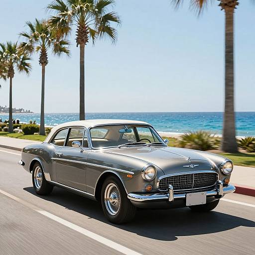 Photograph of a sleek, silver classic 1960s convertible driving along a coastal road with palm trees and a blue ocean backdrop.