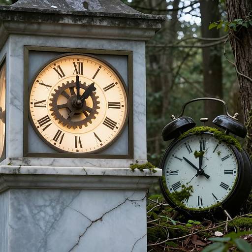 Photograph of a white marble clock tower with glowing face, black Roman numerals, and moss-covered vintage alarm clock beside it, in a forest setting
