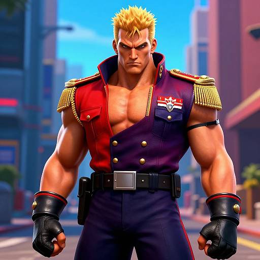Digital anime-style artwork of a muscular, blonde man with spiked hair, wearing a red and navy military-style uniform, black gloves, and a belt,
