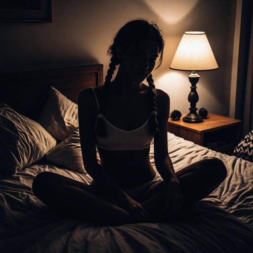 Silhouette of Woman Sitting on Bed in Dimly Lit Room