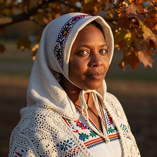 Photograph of an African woman with dark skin, wearing a white crocheted hooded garment with colorful embroidery, standing outdoors with autumn leaves in the