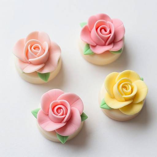 Photograph of four intricately crafted sugar roses; three pink and one yellow, each with green leaves, arranged on a white surface.