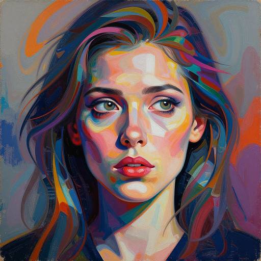 Vibrant digital painting of a woman with green eyes, red lips, and multicolored hair against a swirling abstract background. Bold, expressive brush